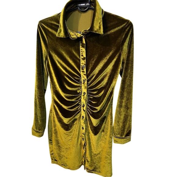 Blush Mark Women's Green Velvet Button-Up Mini Dress Size M - Picture 2 of 8